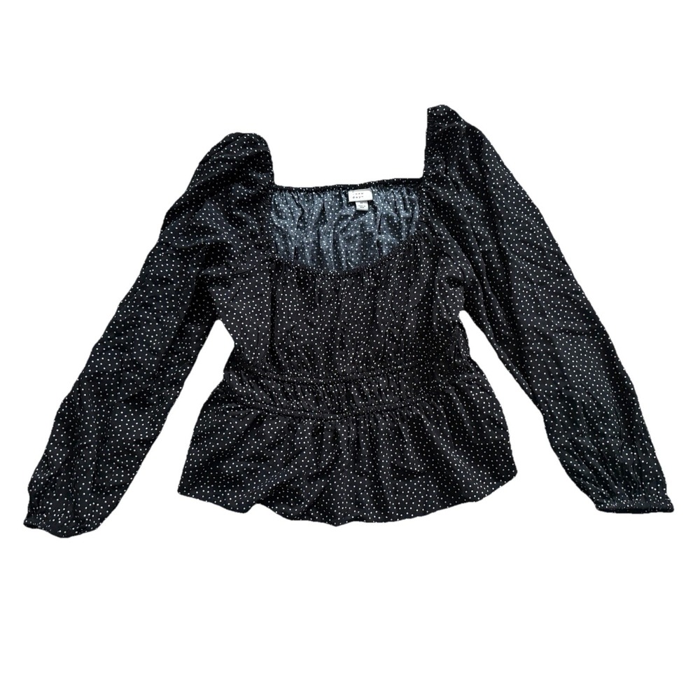 A New Day Woman's Long Sleeve‎ Ruched Top Size Medium Black With Polka Dots